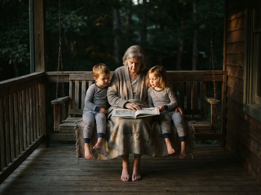 A grandmother reading to twin grandchildren on a porch swing, golden evening light, bare feet (dv2ru3xy)