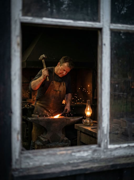 A blacksmith hammering red-hot steel, sparks flying in a dark forge, face lit by embers (sc)