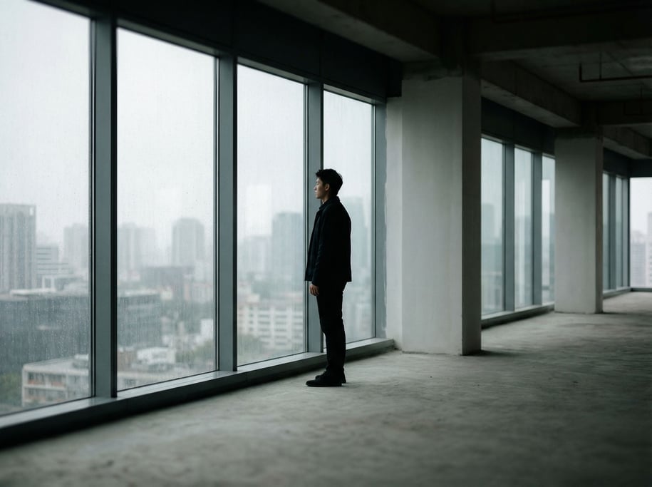 A young founder alone in an empty office space, wide shot, standing at a window looking out (ai0o8k4u)