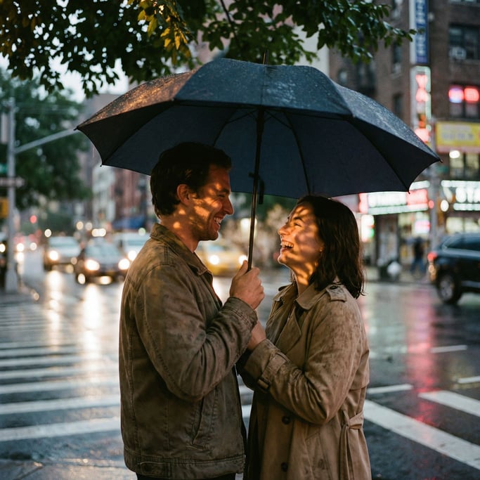 Two strangers sharing an umbrella in sudden rain, laughing, city crosswalk, blurred headlights (pboqvesz)