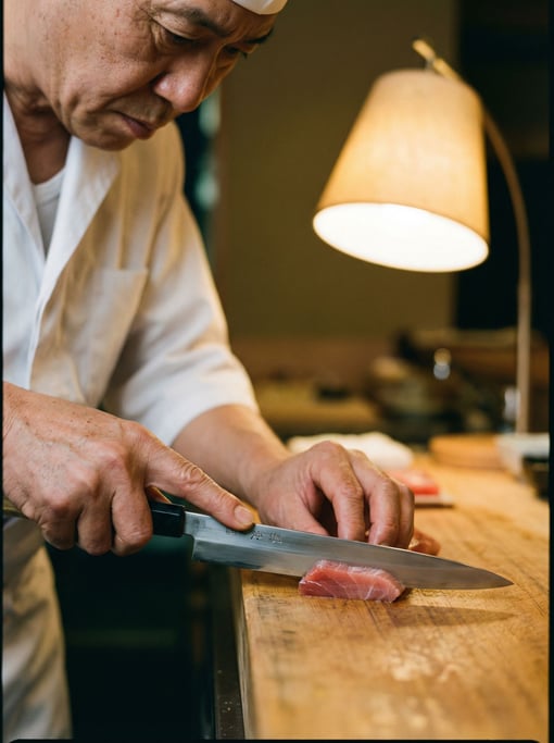 A sushi chef slicing fish with a yanagiba knife, precise angle, clean counter, zen focus (vuqe7jy0)