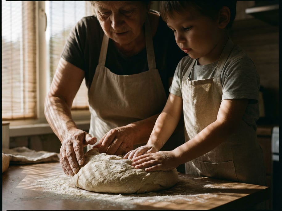 A grandmother teaching a child to knead bread dough, flour-dusted hands side by side, kitchen light (2jshbzme)