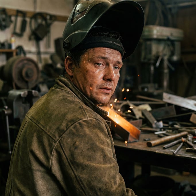 A welder lifting their mask, face sweaty and lit by the cooling orange glow of fresh metal (cpikhsyl)