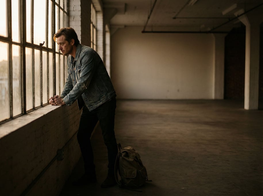 A young founder alone in an empty office space, wide shot, standing at a window looking out (giljy0mg)