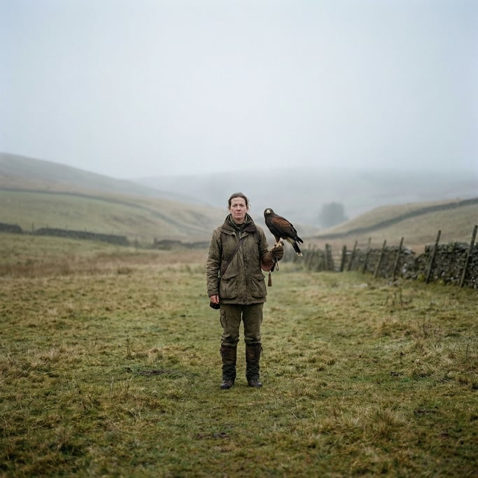 A falconer with a hawk perched on a leather glove, eye contact between human and bird, misty field (4)