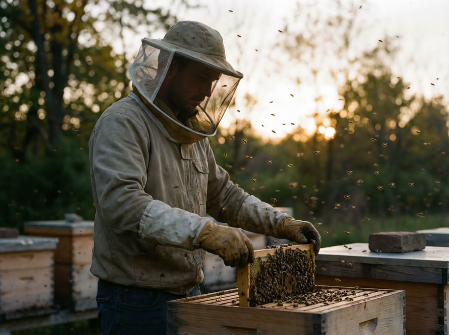 A beekeeper lifting a frame from a hive, bees in flight, mesh veil, golden afternoon light (b)