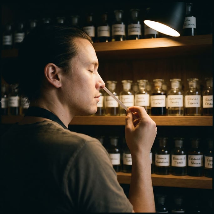 A perfumer smelling blotter strips, eyes closed in concentration, rows of essence bottles behind (hhilxwon)