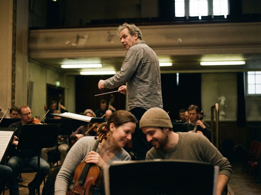 A conductor mid-gesture, baton frozen at the peak, orchestra blurred below, concert hall light (xjrukzw)