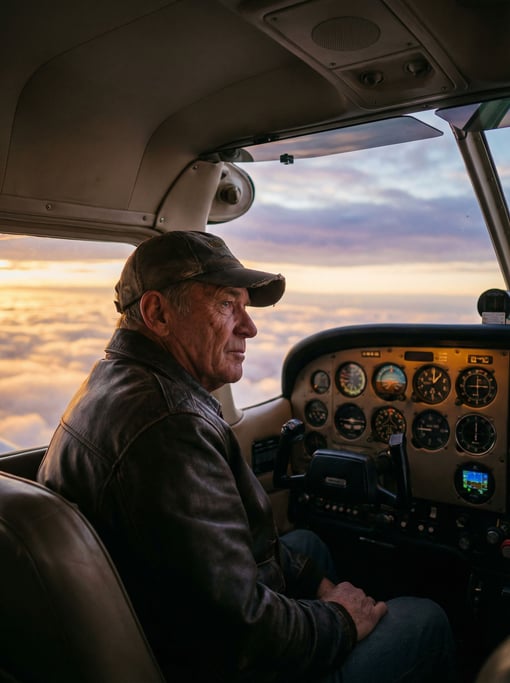 A pilot in the cockpit during golden hour, instrument panel glow on face (tny2anw3)