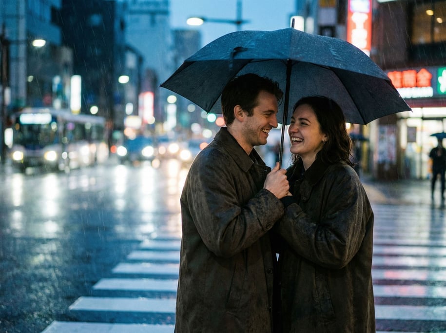 Two strangers sharing an umbrella in sudden rain, laughing, city crosswalk, blurred headlights (lxaeyauv)