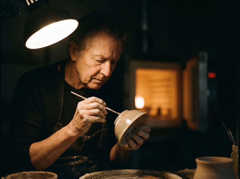 A ceramicist glazing a bowl by hand, tiny brush, extreme concentration, kiln glow in the background (jfw)