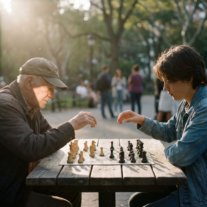 Two chess players in a park, elder vs youth, hands hovering over pieces, onlookers blurred behind (rkznrav)