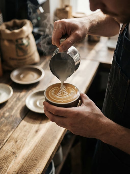 A barista pouring latte art, shot from above, steam and swirl patterns in the milk (luhjnuow)