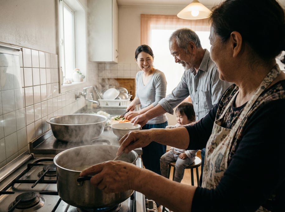 Three generations of a family cooking together in a small kitchen, steam and laughter and chaos (rhhqfxza)