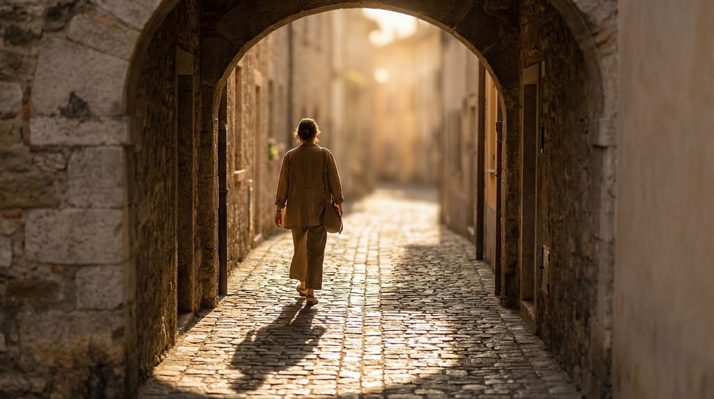 A woman in her 50s walking alone along a cobblestone European alley at golden hour