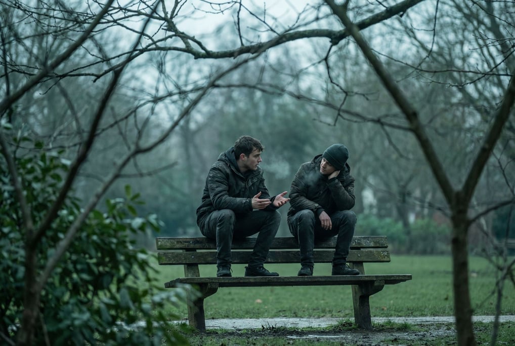 Two young men sitting on a park bench in overcast light