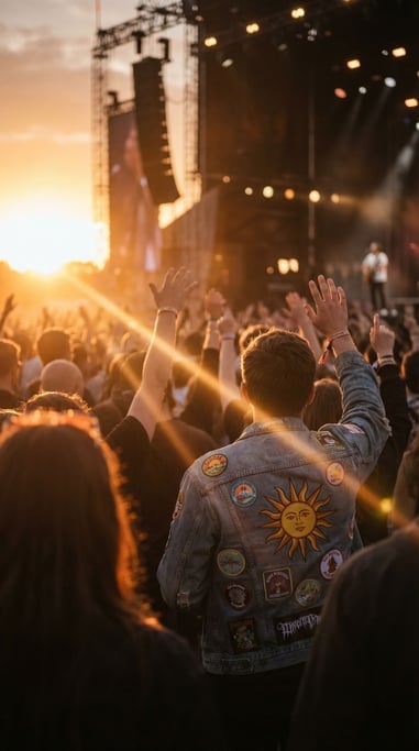 A crowd of people at an outdoor music festival during golden hour