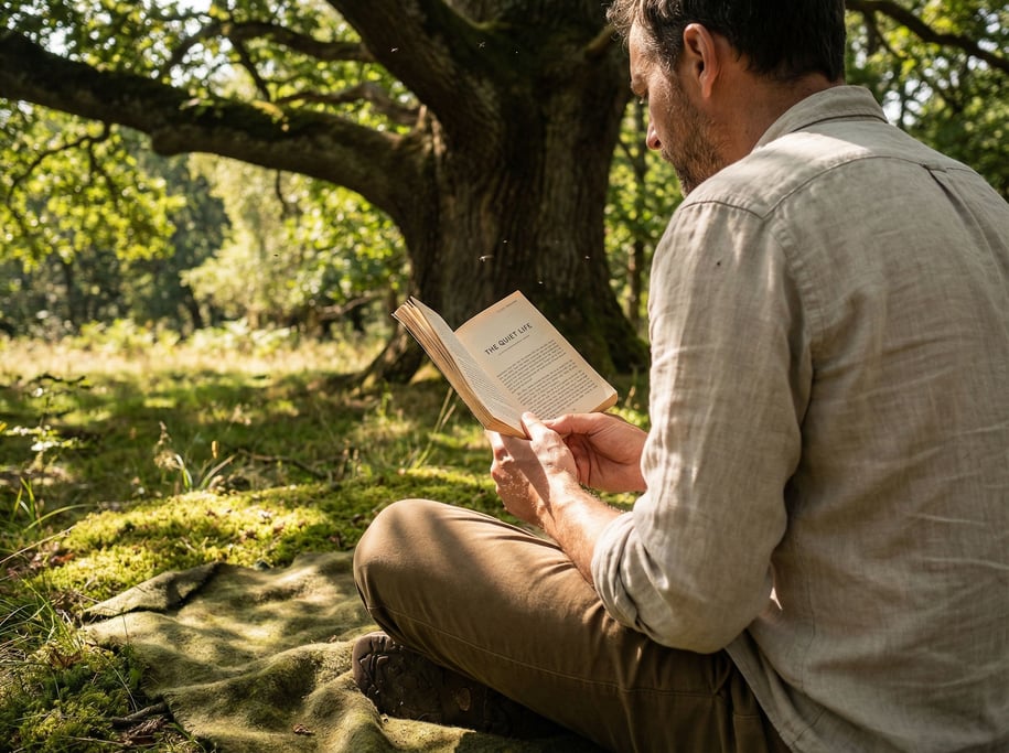 A man in his 30s sitting cross-legged under a large oak tree reading a book