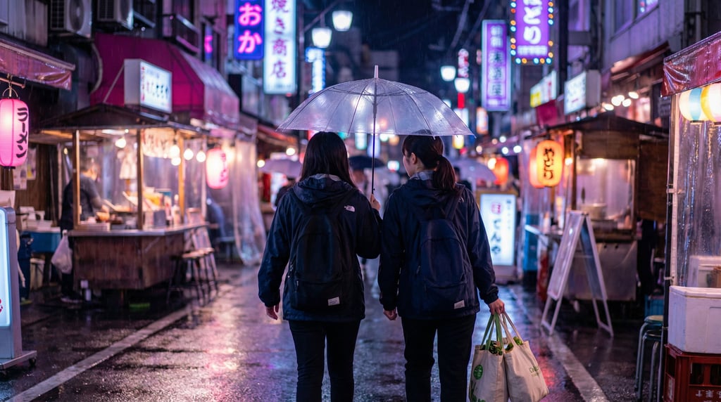 Two women in their 20s walking through a neon-lit night market in the rain