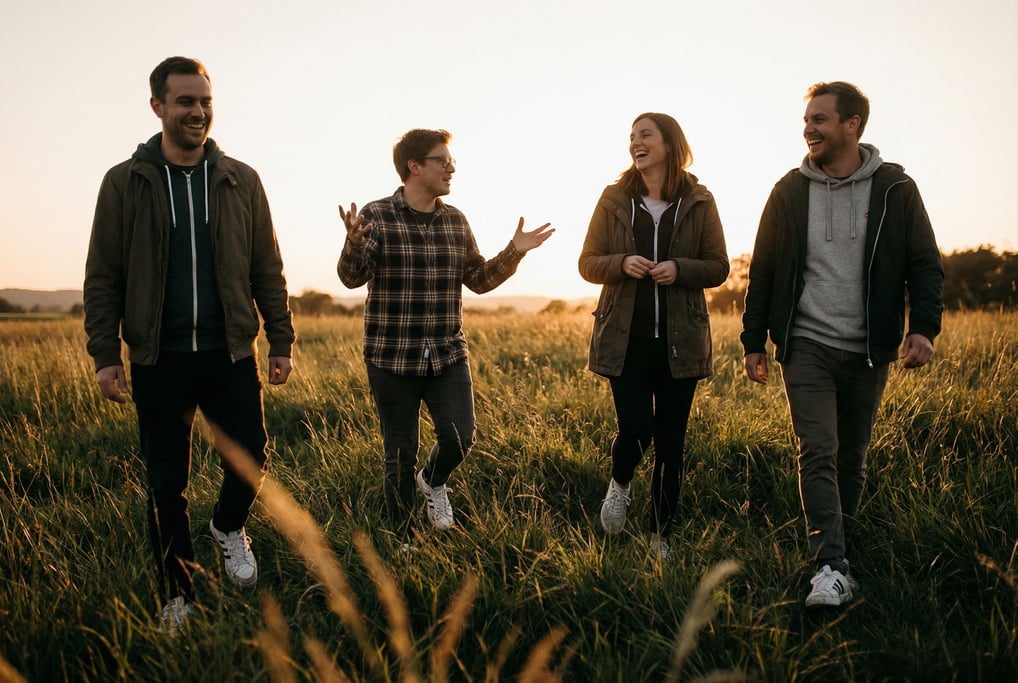 Four coworkers walking across a grassy field during a company retreat