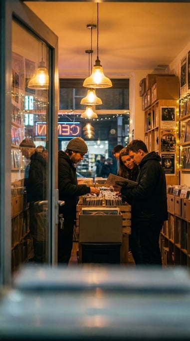 Five people crowded into a small vinyl record shop at night