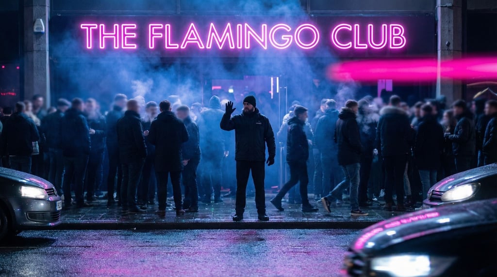 A dense crowd outside a nightclub entrance, neon sign casting magenta light from above