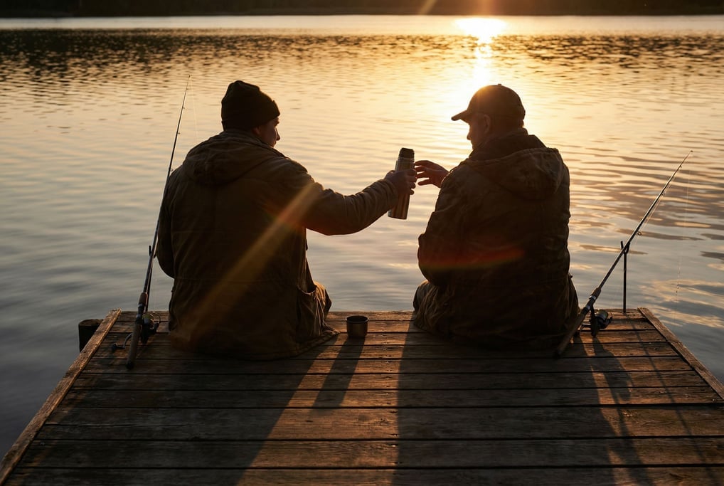 Two men in their 40s fishing from a wooden dock at sunset