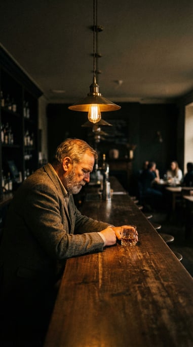 A man in his 60s sitting alone at a dimly lit bar