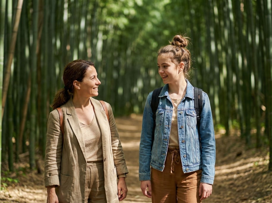 A mother and teenage daughter walking through a bamboo forest path