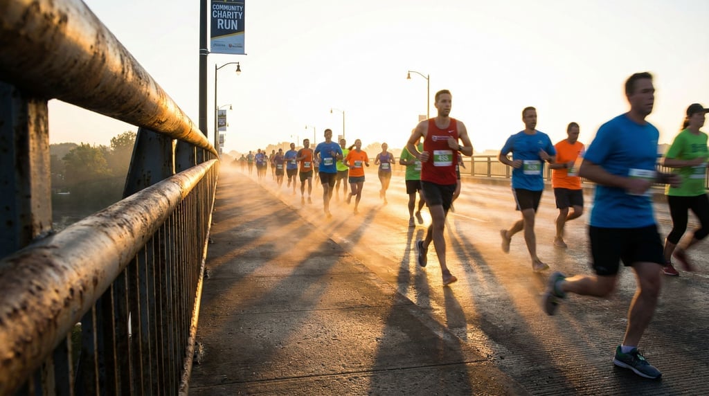 A group of runners crossing a bridge during a morning charity run