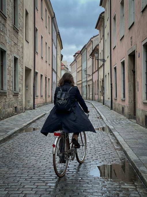 A woman in her 30s cycling through a European city on an overcast day