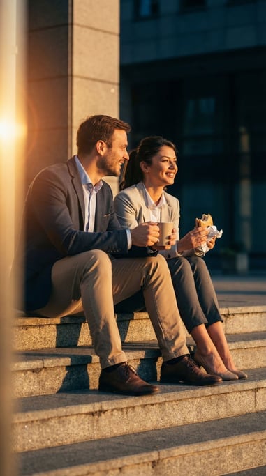 Two colleagues sitting on outdoor office steps during a break