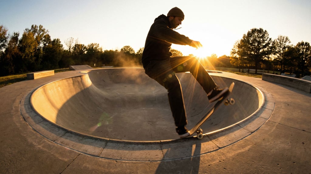 A skateboarder in his 20s captured mid-trick at a concrete skatepark during golden hour