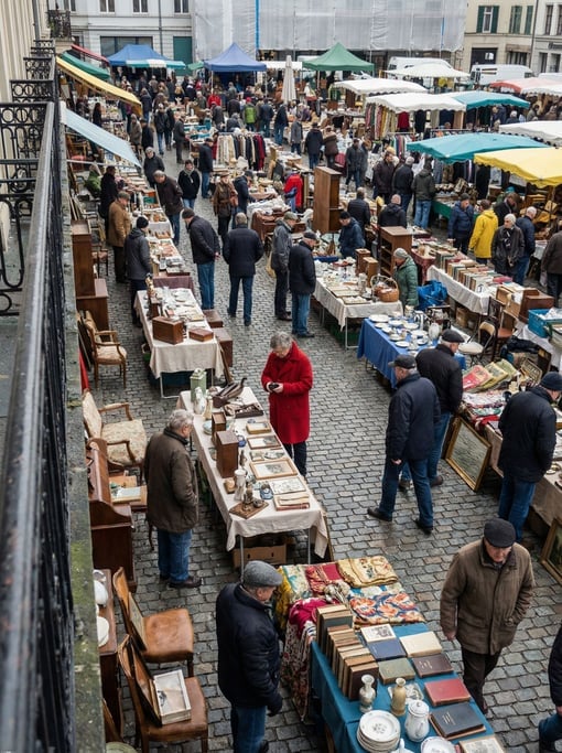 A bustling European flea market seen from above