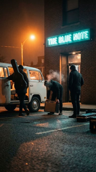 Three musicians loading gear out of a van after a gig