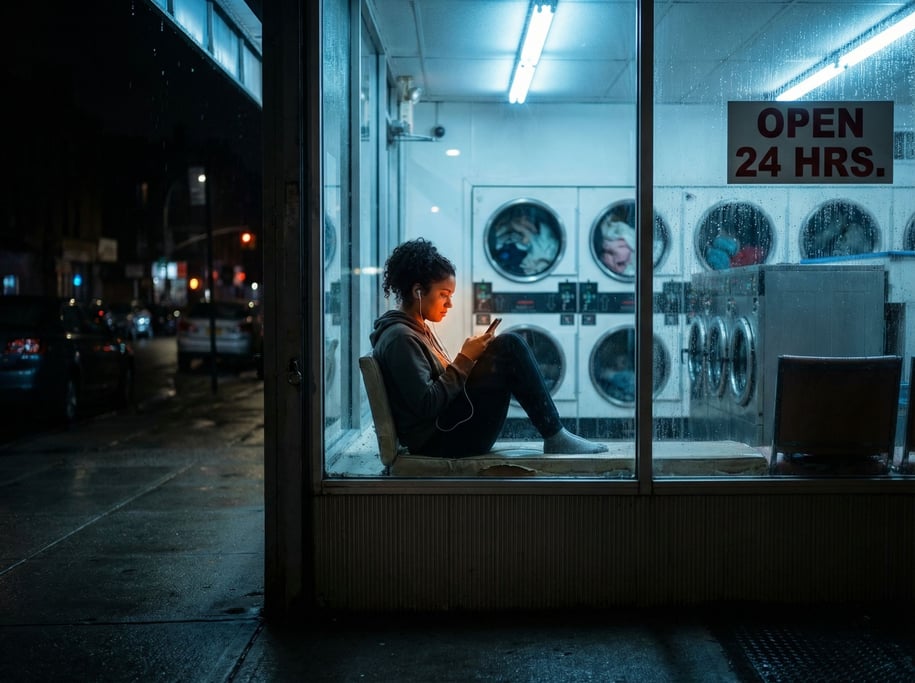 A young woman in her 20s sitting in the window of a late-night laundromat