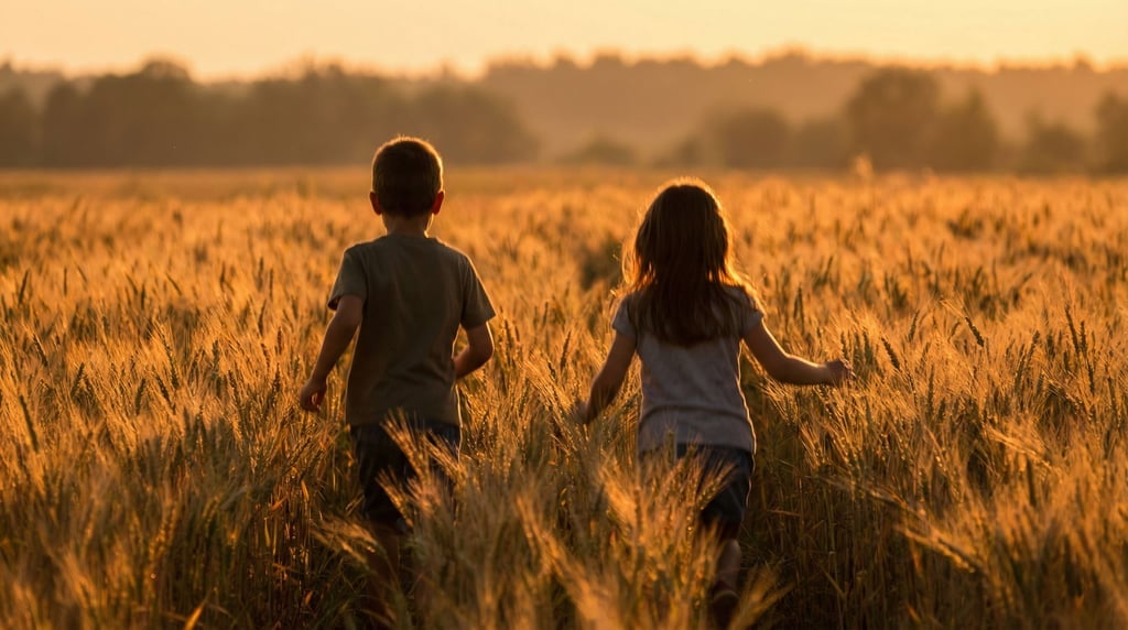 Two children running through a wheat field at golden hour