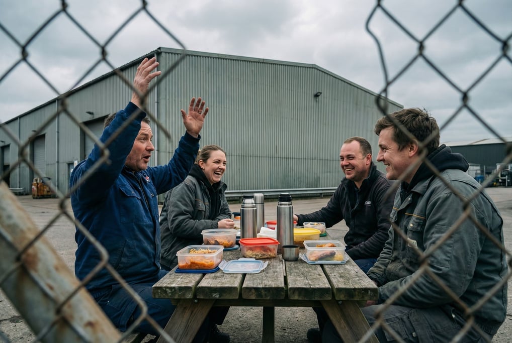 Four colleagues having lunch at a picnic table outside an industrial building