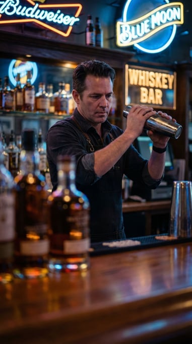 A bartender in his 40s working behind a dimly lit cocktail bar