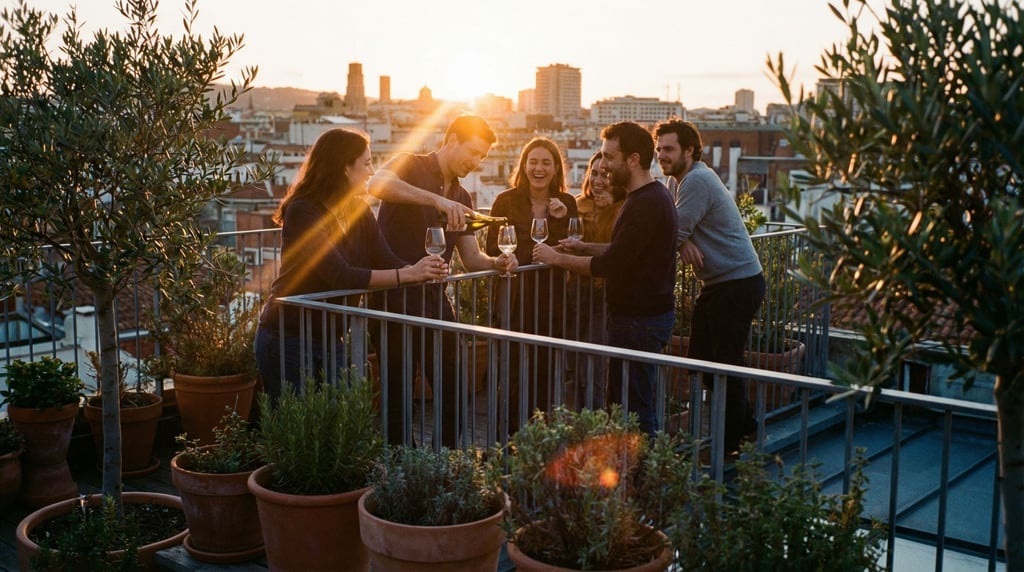 Five friends on a rooftop terrace during golden hour