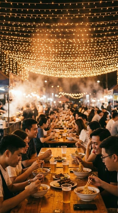 A night market food court packed with people at communal tables