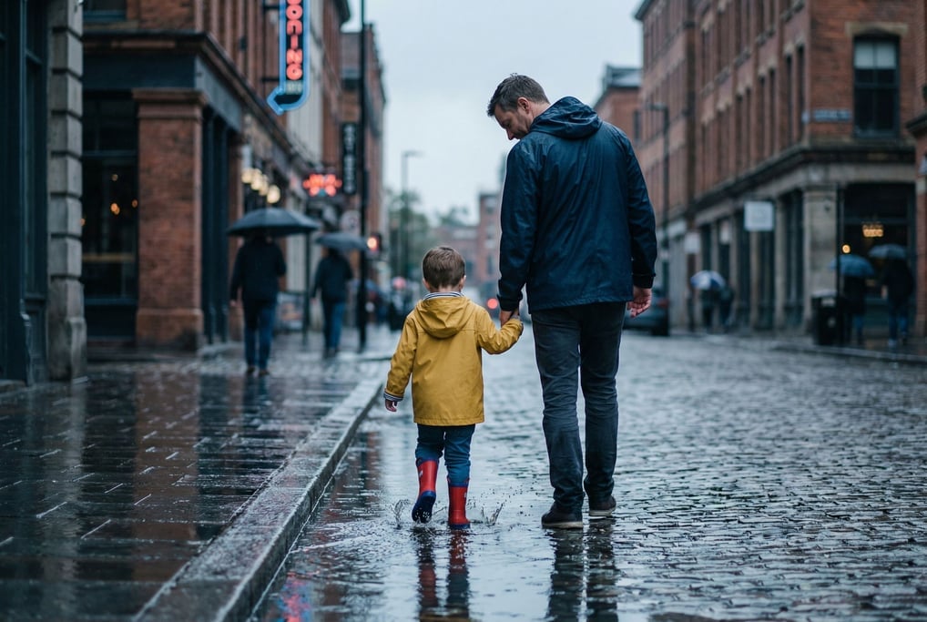A father and young son walking hand-in-hand through a rainy urban street