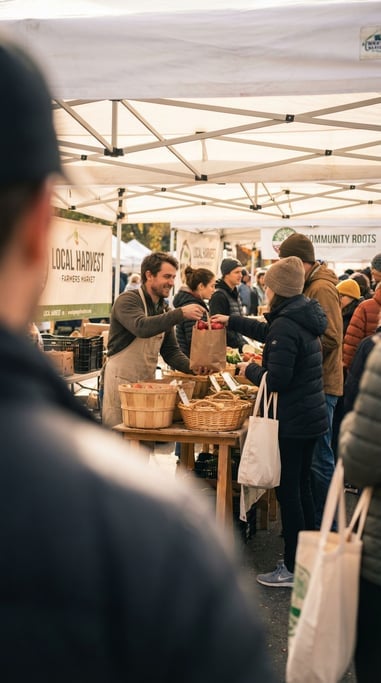 A weekend farmers market crowd flowing between vendor tents