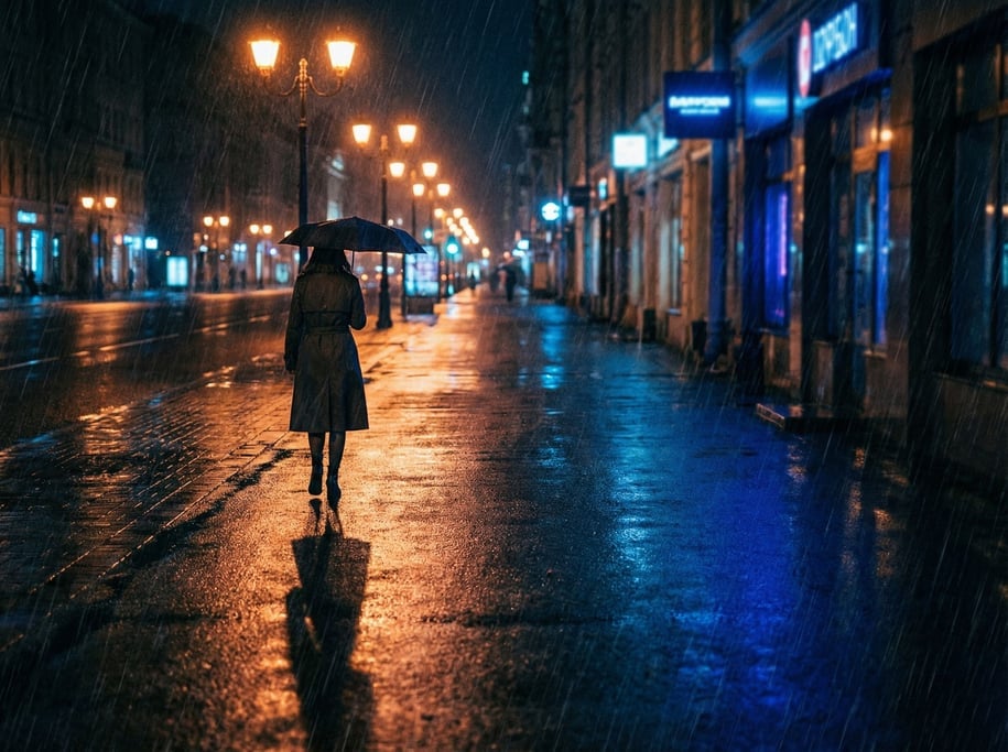 A woman in her 40s walking alone through a rain-slicked city street at night