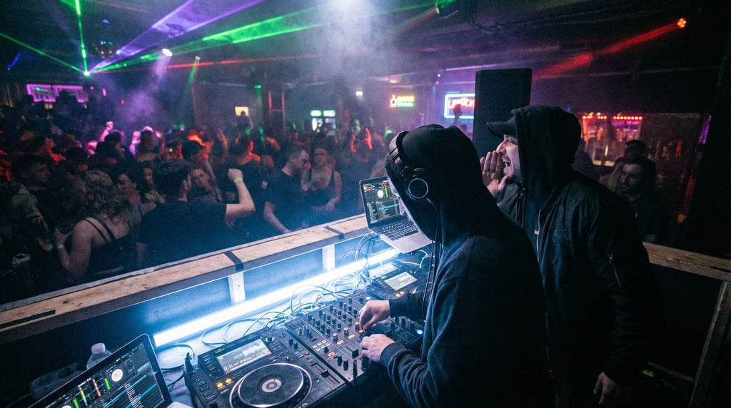 Two DJs behind a booth at an underground club