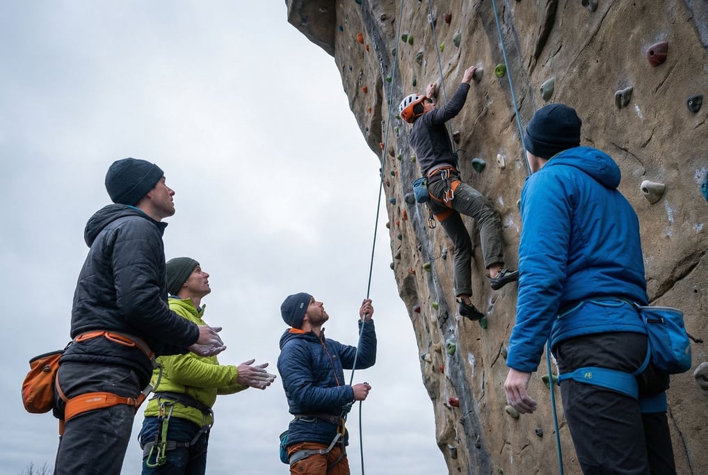 Four people at an outdoor climbing wall