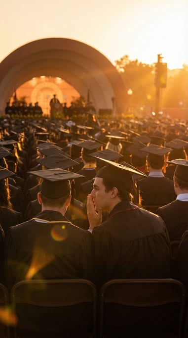 A graduation ceremony outdoors at golden hour