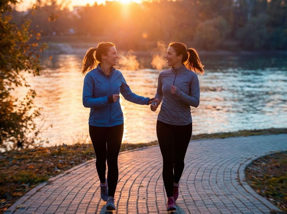Two women in their 30s jogging along a riverside path at golden hour