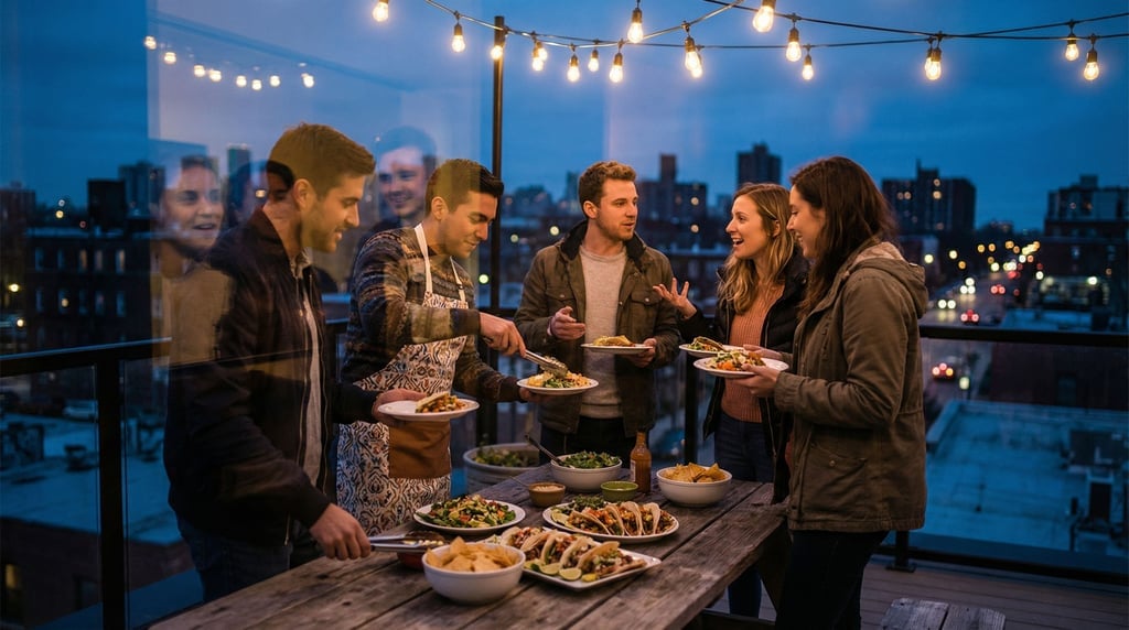 A group of five friends gathered around a food table at a rooftop party