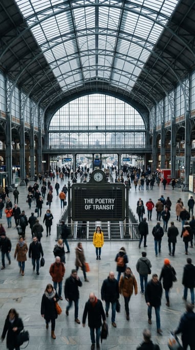 Commuters flowing through a wide European train station hall